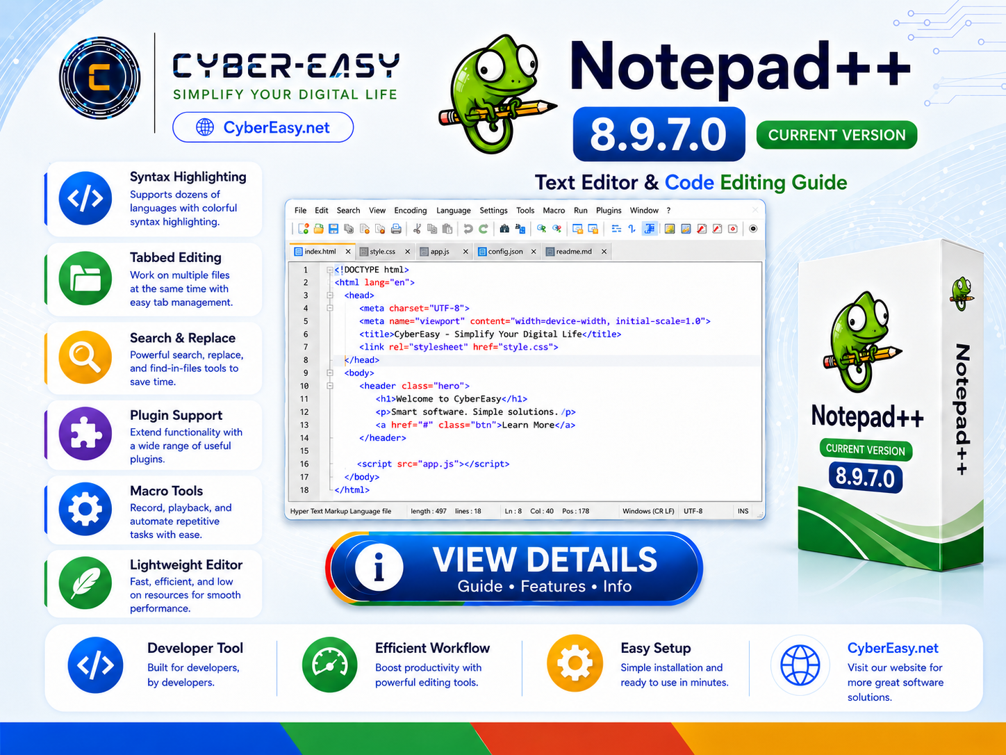 Notepad++ 8.9.7.0 overview and setup guide for Windows by CyberEasy