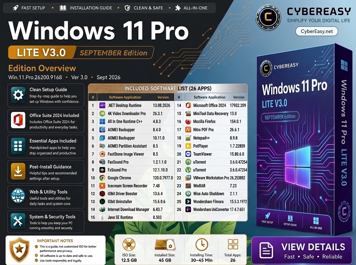 Windows 11 Pro Lite V3.0 September 2026 overview and included software guide by CyberEasy