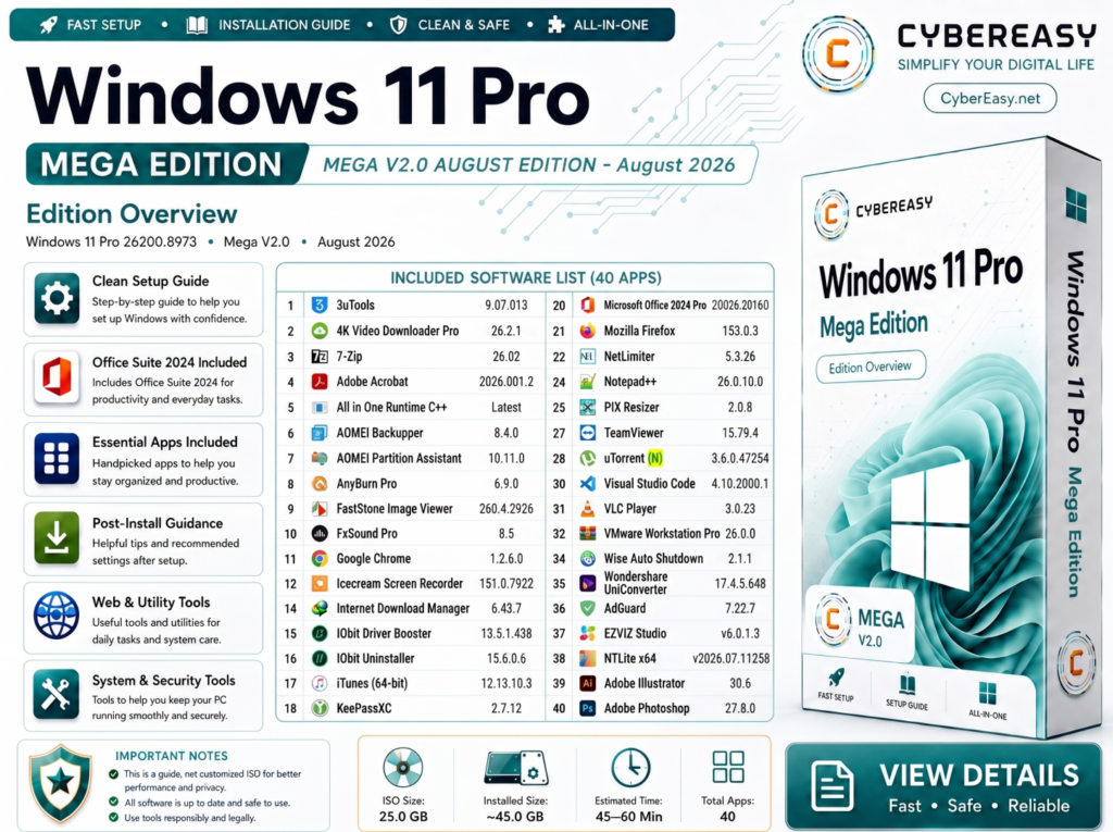 Windows 11 Pro 26200.8973 Mega V2.0 August Edition Setup Guide @CyberEasy