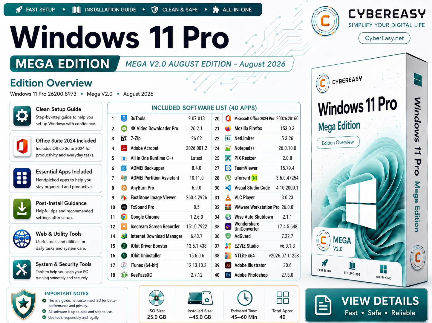 Windows 11 Pro Mega Edition V2.0 August 2026 overview and software guide by CyberEasy